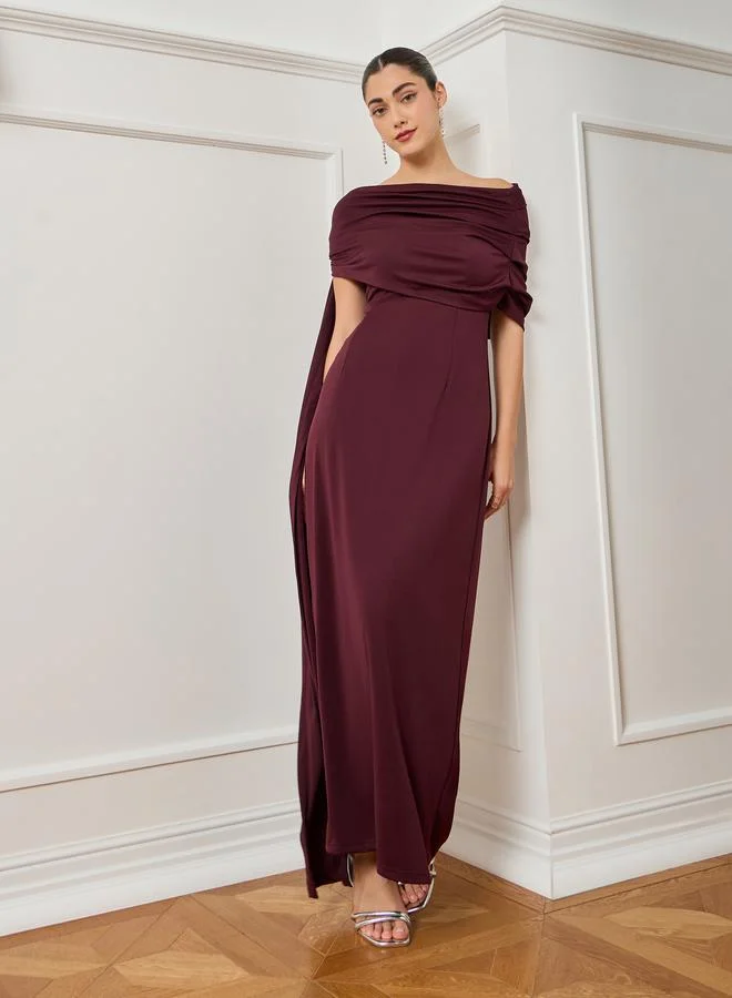 Styli Women Burgundy Ruched Off-Shoulder Maxi Dress